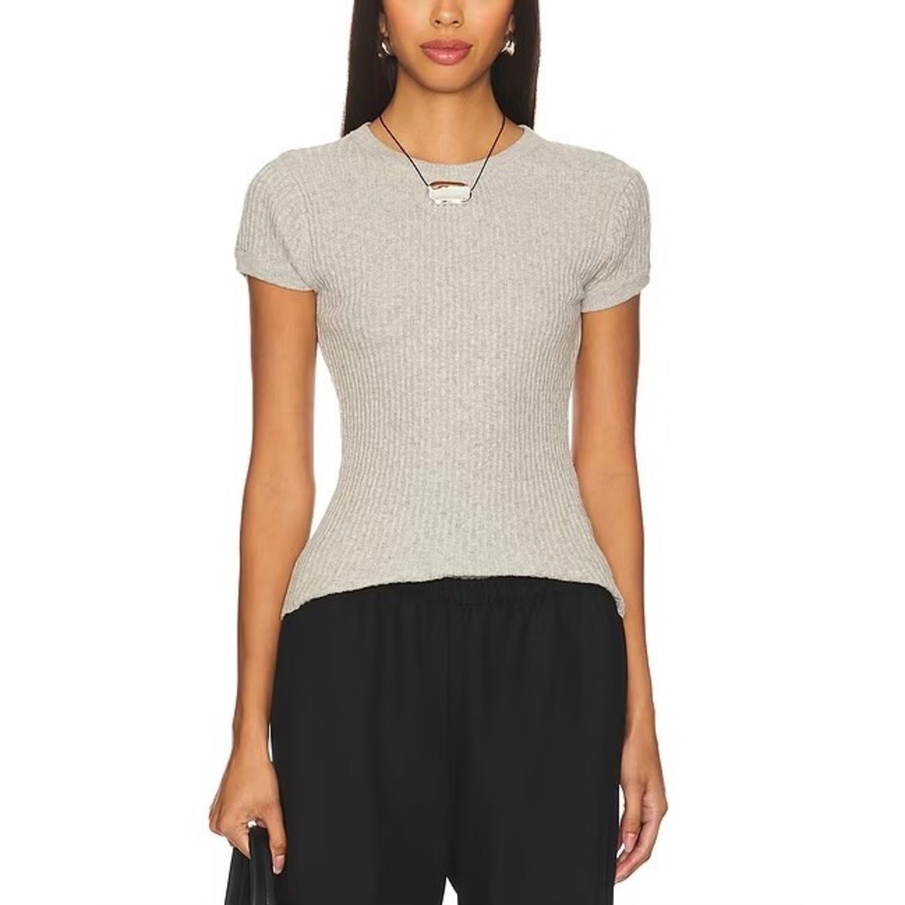 ENZA COSTA Cashmere Cotton Pointelle Cap Sleeve Top Women XL Gray Rib Knit NEW